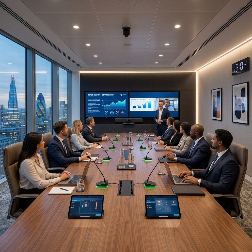 Premium modern corporate environment showing an integrated audio visual system