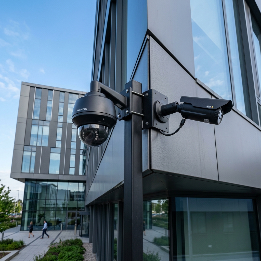 Wide premium CCTV surveillance image showing professional security cameras and monitoring environment