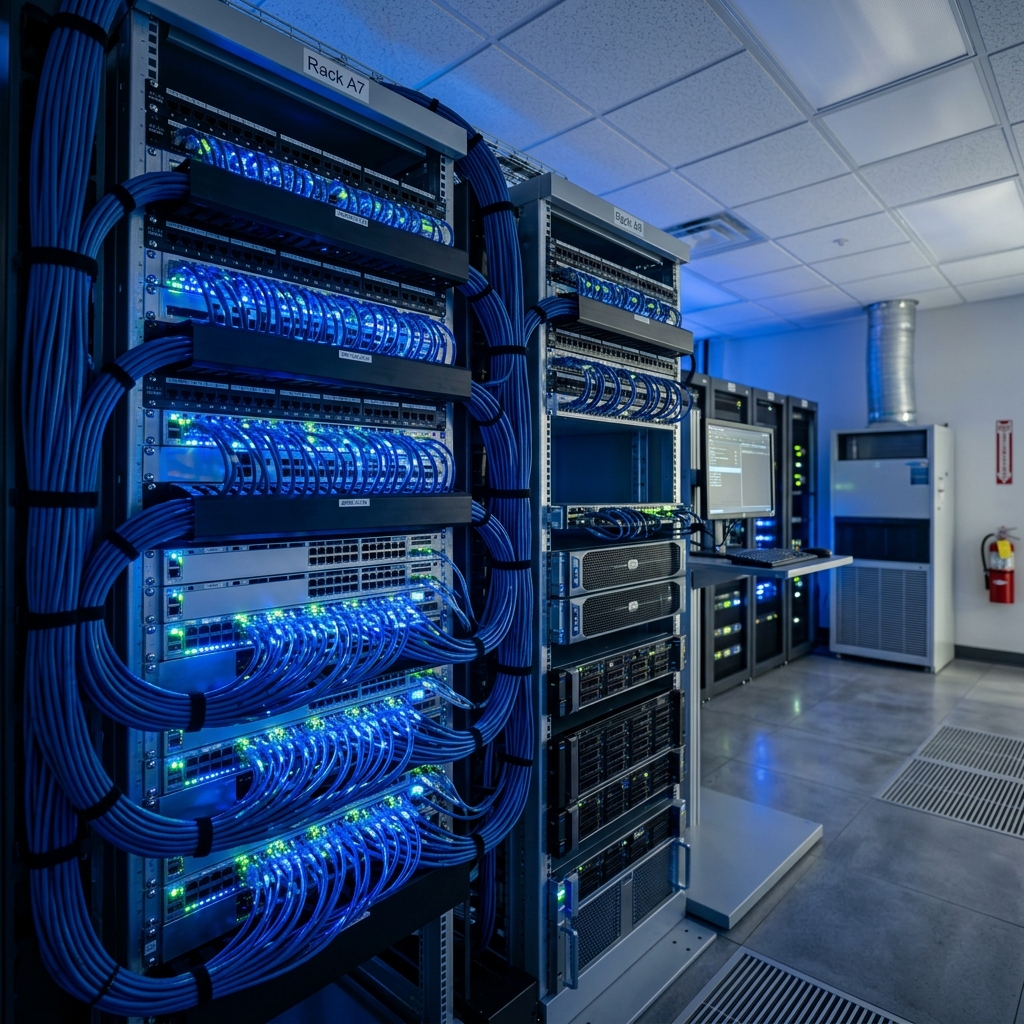 Modern UAE corporate office server infrastructure showing professional structured network cabling