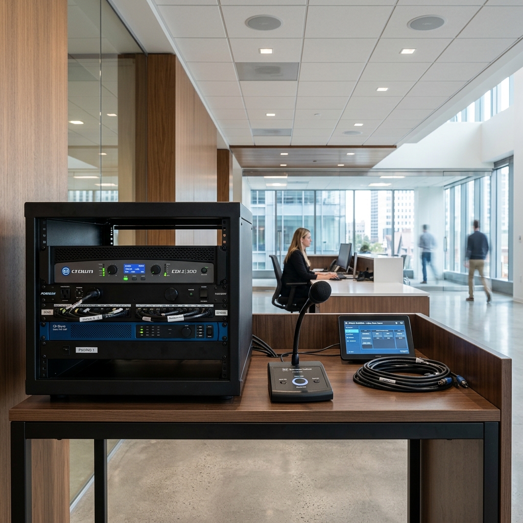 Professional PA system equipment installed in a modern environment