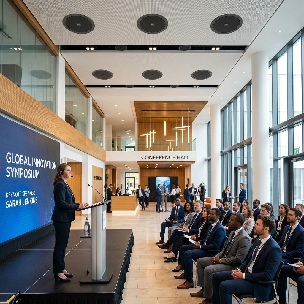 Premium modern corporate environment showing a professional public address system