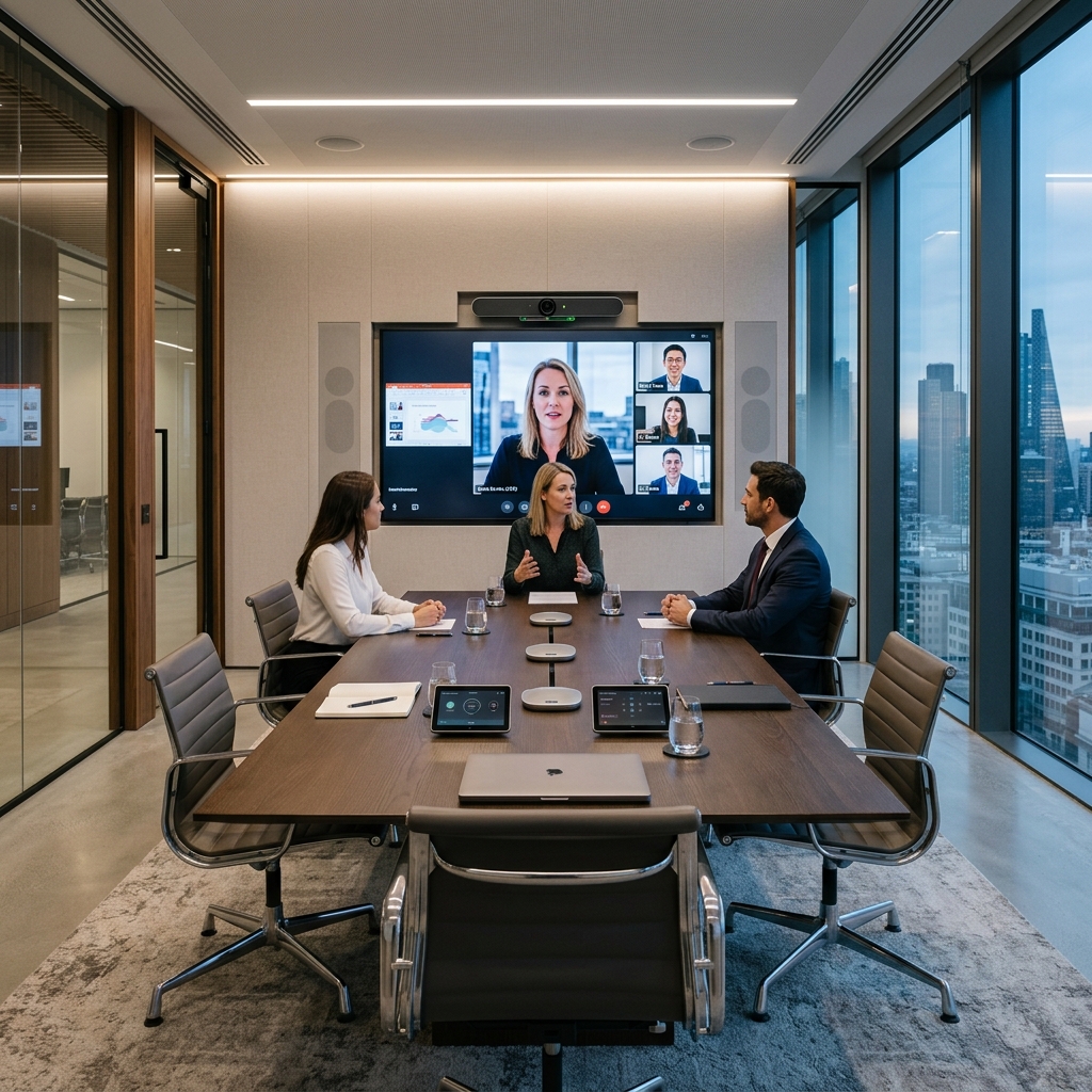 Modern corporate meeting room showing integrated video conferencing system