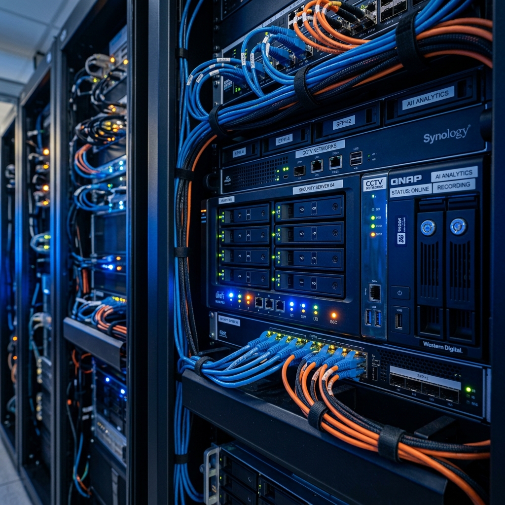 Professional structured cabling installation showing technicians working with organized network cables
